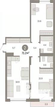 2-к квартира, вторичка, 71м2, 2/7 этаж