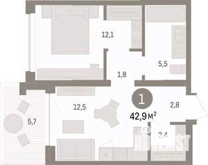 1-к квартира, вторичка, 43м2, 6/8 этаж