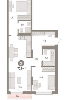 2-к квартира, вторичка, 71м2, 6/17 этаж