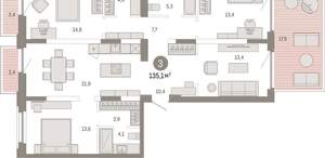3-к квартира, вторичка, 135м2, 2/16 этаж