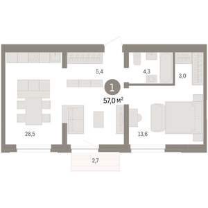 1-к квартира, вторичка, 57м2, 4/8 этаж
