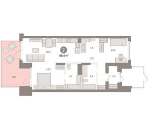 2-к квартира, вторичка, 97м2, 1/8 этаж