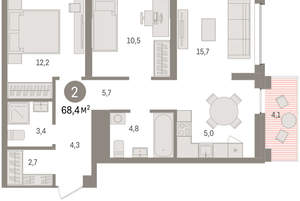2-к квартира, вторичка, 68м2, 7/8 этаж