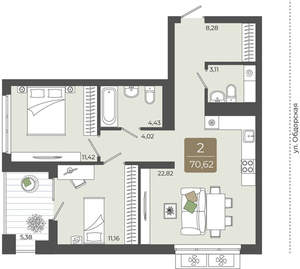 2-к квартира, вторичка, 71м2, 13/15 этаж