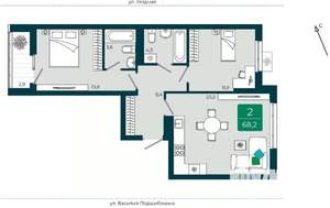 2-к квартира, вторичка, 68м2, 8/9 этаж