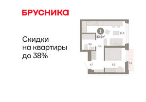 1-к квартира, вторичка, 34м2, 19/25 этаж