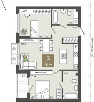 2-к квартира, вторичка, 61м2, 2/15 этаж