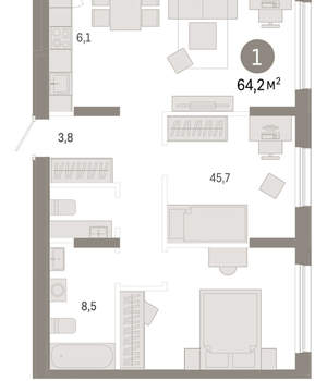 1-к квартира, вторичка, 64м2, 2/17 этаж