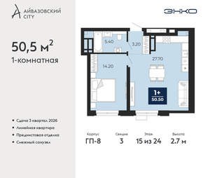 1-к квартира, вторичка, 51м2, 15/24 этаж