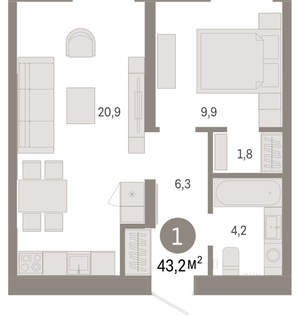 1-к квартира, вторичка, 43м2, 7/16 этаж