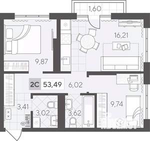 2-к квартира, вторичка, 53м2, 9/17 этаж