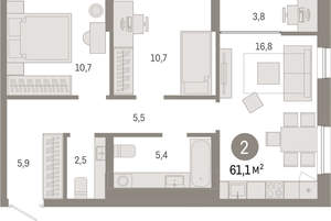 2-к квартира, вторичка, 61м2, 12/17 этаж