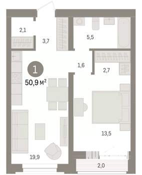 1-к квартира, вторичка, 51м2, 5/10 этаж