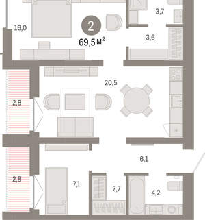 2-к квартира, вторичка, 69м2, 3/16 этаж
