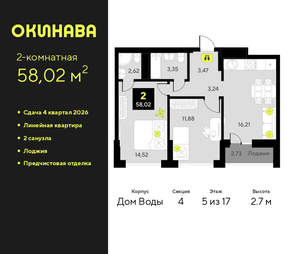 2-к квартира, вторичка, 58м2, 5/19 этаж