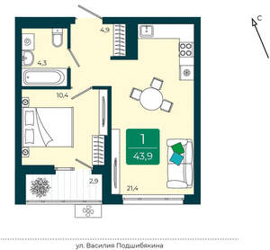 1-к квартира, вторичка, 44м2, 9/16 этаж