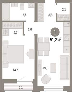 1-к квартира, вторичка, 51м2, 3/10 этаж