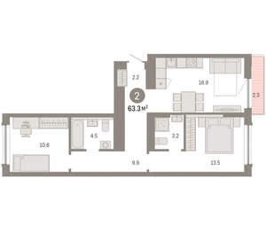 2-к квартира, вторичка, 63м2, 4/8 этаж