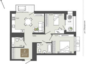 2-к квартира, вторичка, 67м2, 9/15 этаж