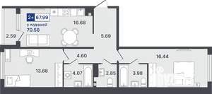 2-к квартира, строящийся дом, 68м2, 3/8 этаж