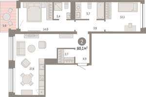 2-к квартира, вторичка, 80м2, 5/8 этаж