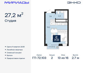 Студия квартира, вторичка, 27м2, 13/16 этаж