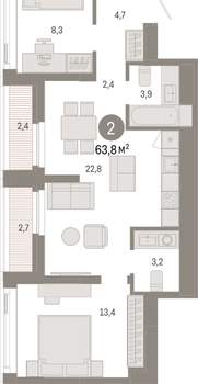 2-к квартира, вторичка, 64м2, 21/25 этаж