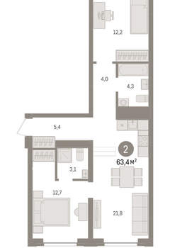 2-к квартира, вторичка, 63м2, 3/10 этаж