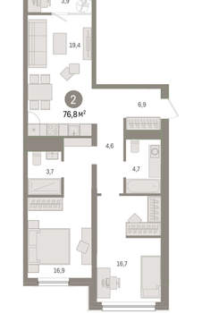 2-к квартира, вторичка, 77м2, 4/9 этаж