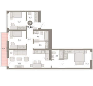 3-к квартира, вторичка, 88м2, 3/25 этаж