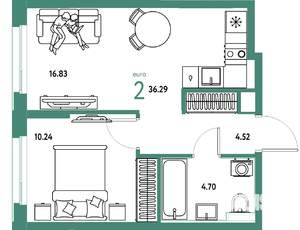 2-к квартира, вторичка, 36м2, 13/25 этаж