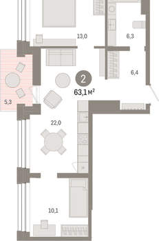 2-к квартира, вторичка, 63м2, 6/8 этаж