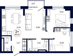 2-к квартира, вторичка, 67м2, 6/17 этаж