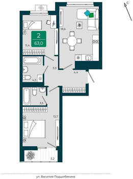 2-к квартира, вторичка, 63м2, 4/16 этаж