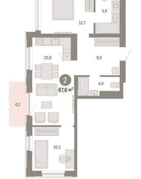 2-к квартира, вторичка, 68м2, 13/25 этаж