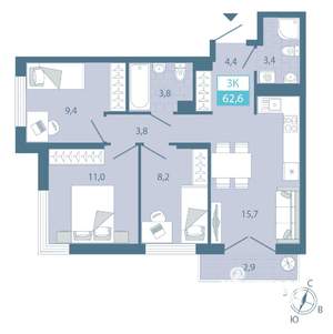2-к квартира, строящийся дом, 63м2, 6/25 этаж