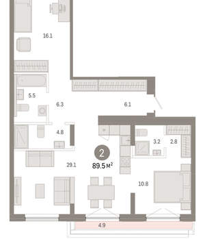 2-к квартира, вторичка, 90м2, 7/8 этаж