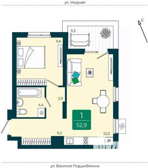 2-к квартира, вторичка, 53м2, 9/9 этаж