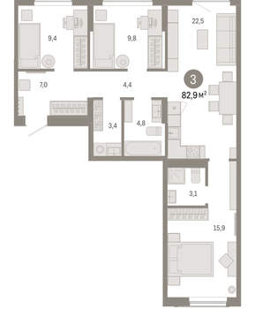 3-к квартира, вторичка, 83м2, 3/17 этаж