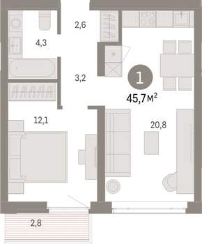 1-к квартира, вторичка, 46м2, 2/25 этаж