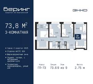 3-к квартира, вторичка, 74м2, 9/9 этаж