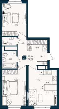 2-к квартира, строящийся дом, 64м2, 8/25 этаж