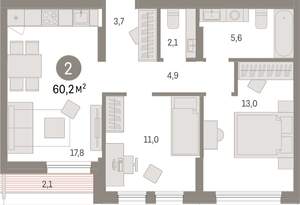 2-к квартира, вторичка, 60м2, 9/17 этаж
