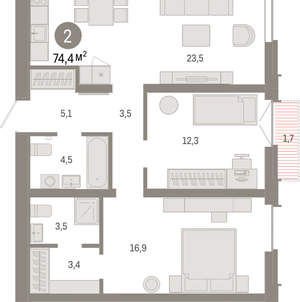 2-к квартира, вторичка, 74м2, 8/16 этаж