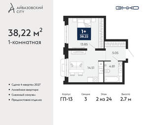 1-к квартира, вторичка, 38м2, 2/24 этаж