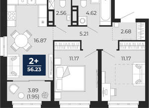 2-к квартира, вторичка, 56м2, 11/22 этаж