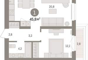 1-к квартира, вторичка, 46м2, 6/16 этаж