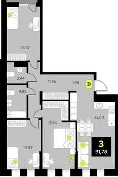 3-к квартира, сданный дом, 92м2, 5/23 этаж