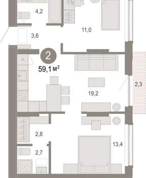 2-к квартира, вторичка, 59м2, 3/17 этаж