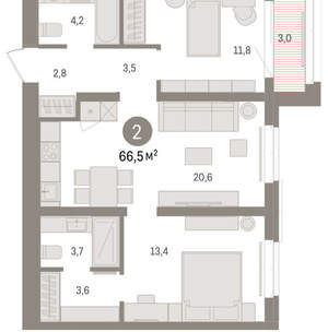 2-к квартира, вторичка, 66м2, 4/16 этаж